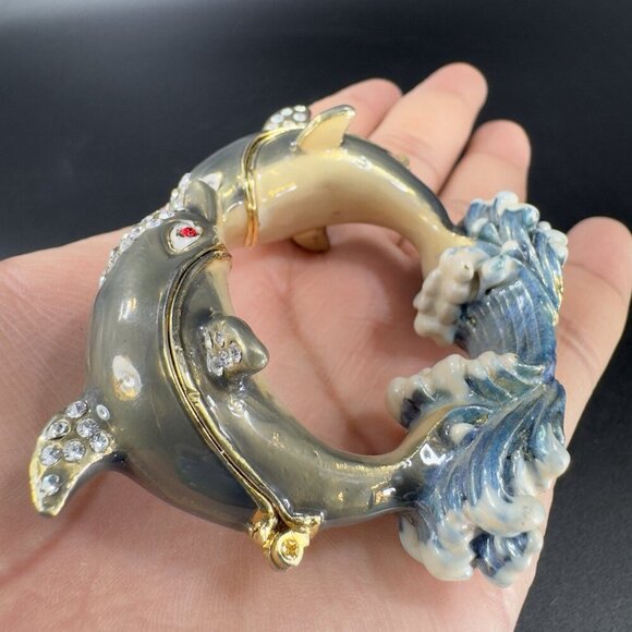 Vintage Enamel Hinged Lid Trinket Box Loving Dolphins Marked CR Metal Trinket - Picture 11 of 13